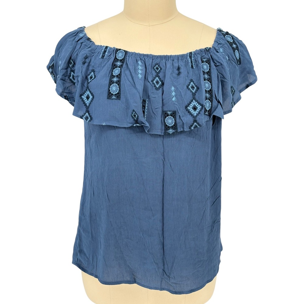 Knox Rose Embroidered Off Shoulder Top Blue 100% Rayon XXL